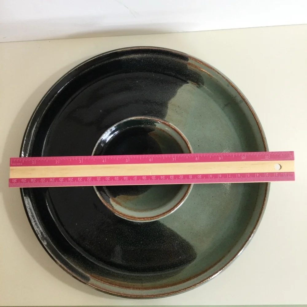 Vintage Serving Plate Black and Green‎ 12 inch diameter pottery